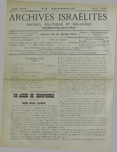 Archives israélites de France. Vol.72 N°46 (16 nov. 1911)